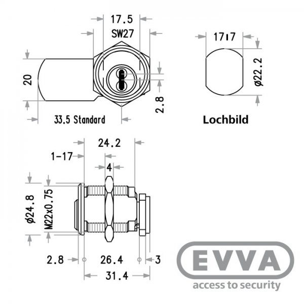 EVVA MB23G Hebelzylindermaß