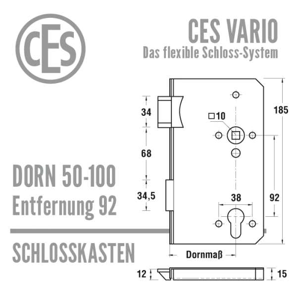 Schlosskasten CES Vario 92 mm, Dorn 50-100 /92 – Bild 3