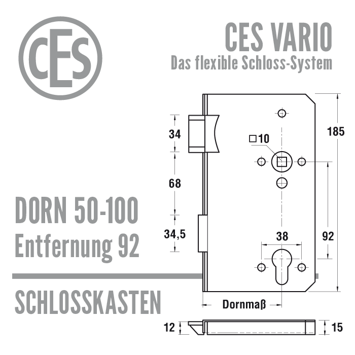 Schlosskasten CES Vario 92 mm, Dorn 50-100 /92 – Bild 3