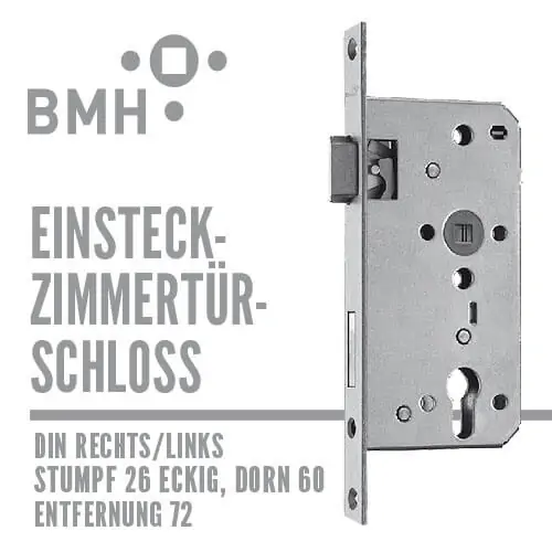 BMH Einsteck-Schloss, Zimmertürschloss BMH stumpf eckig 26, Dorn 60/72