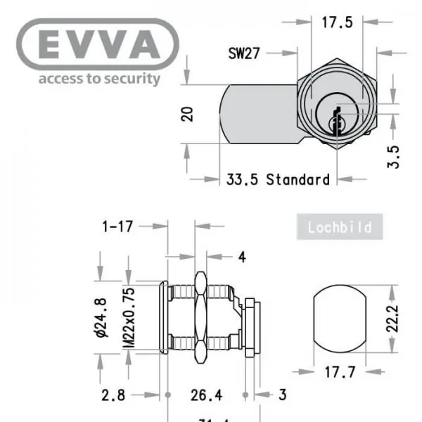 EVVA EPS Hebelzylinder-Maß