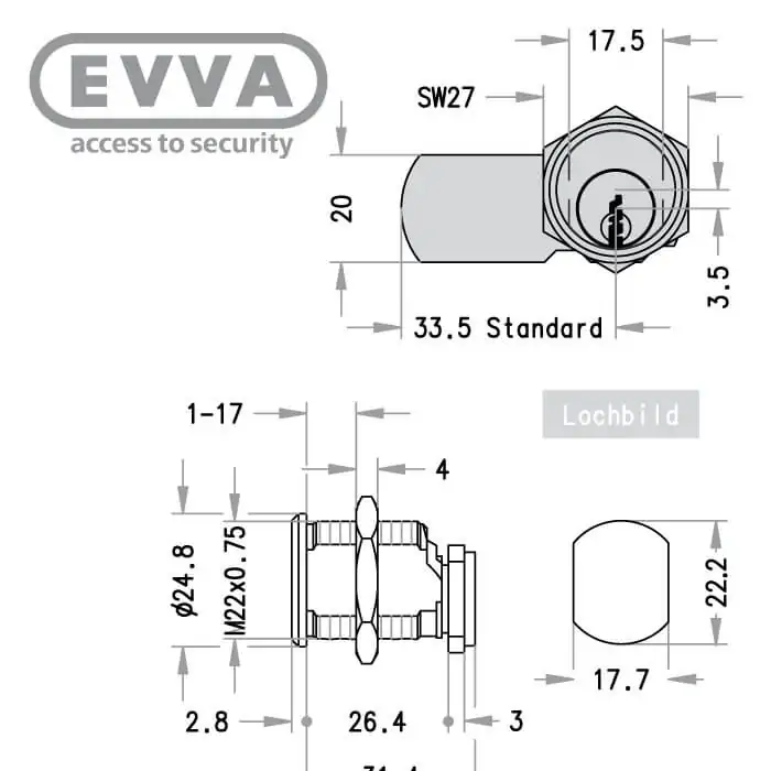 EVVA EPS Hebelzylinder-Maß