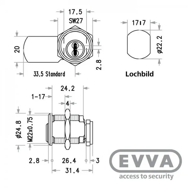 EVVA MB23G Hebelzylindermaß