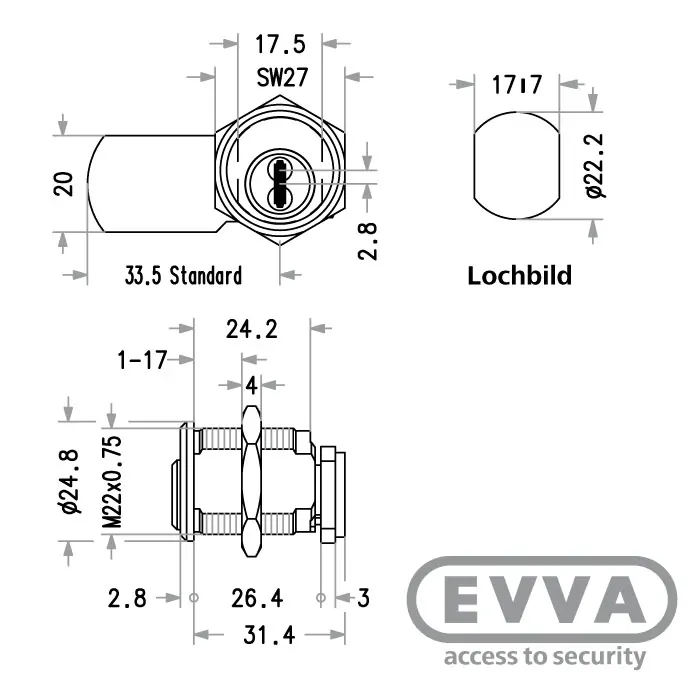 EVVA MB23G Hebelzylindermaß