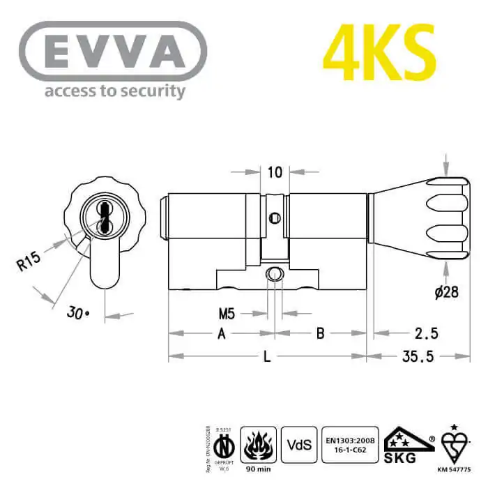 EVVA 4KS Knaufzylinder-Maß