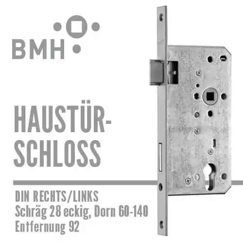 BMH Haustürschloss schräg eckig 28, Dorn 60-140/92