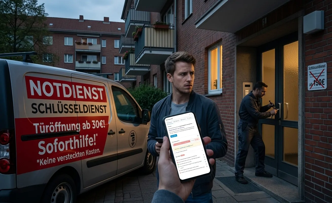 A frustrated tenant holding a smartphone near a van advertising a cheap locksmith scam Germany €30 emergency door opening service.