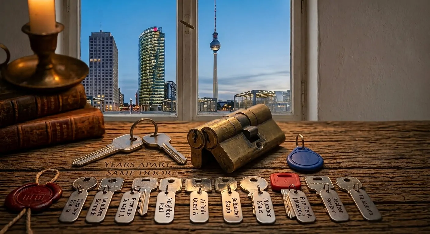 A collection of tagged door keys on a wooden desk with a Berlin cityscape at dusk visible through the window, illustrating common access points for rental properties.